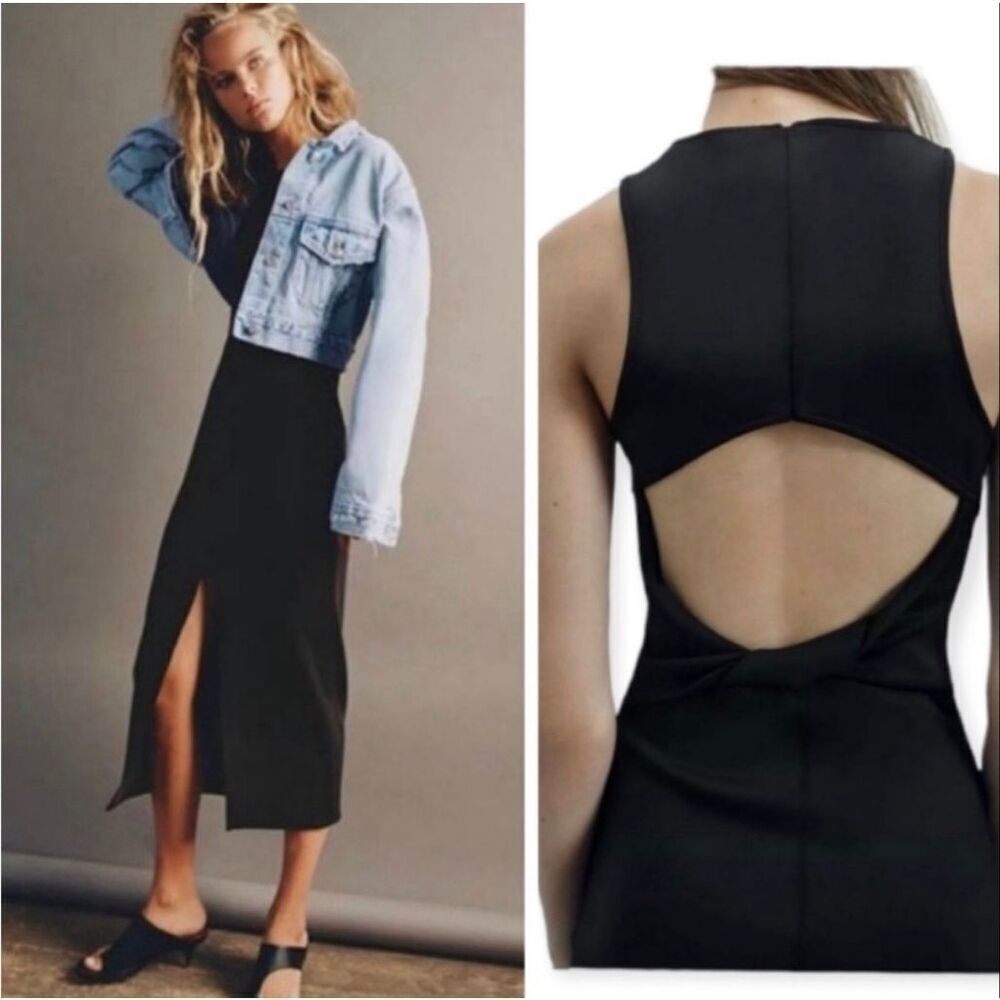 NWOT Zara Black Open Twist Back Neoprene Scuba Maxi Dress Size Small